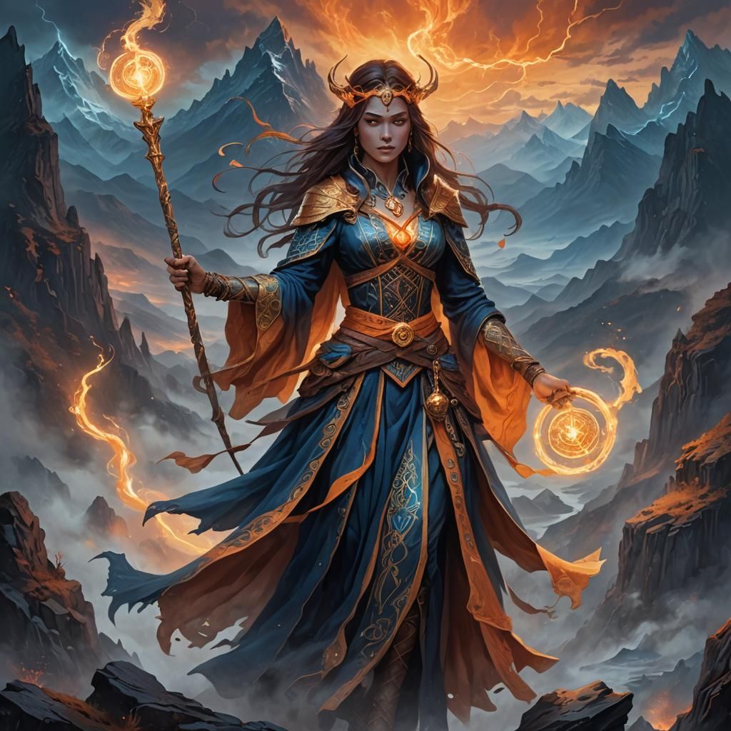 Sorceress with Glowing Staff in Misty Mountains
