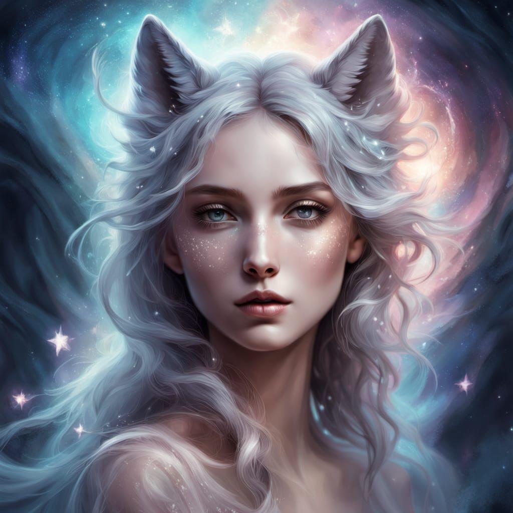Ethereal Wolf Goddess Emerges from Whispers of the Cosmos