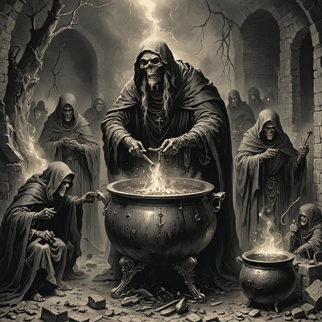 Eyeless Crones Around Cauldron: A Horror Art Piece