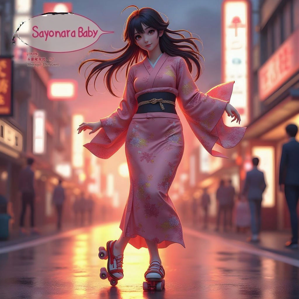 Japanese Woman Rollerblading in Tokyo Sunset Comic Book Styl...