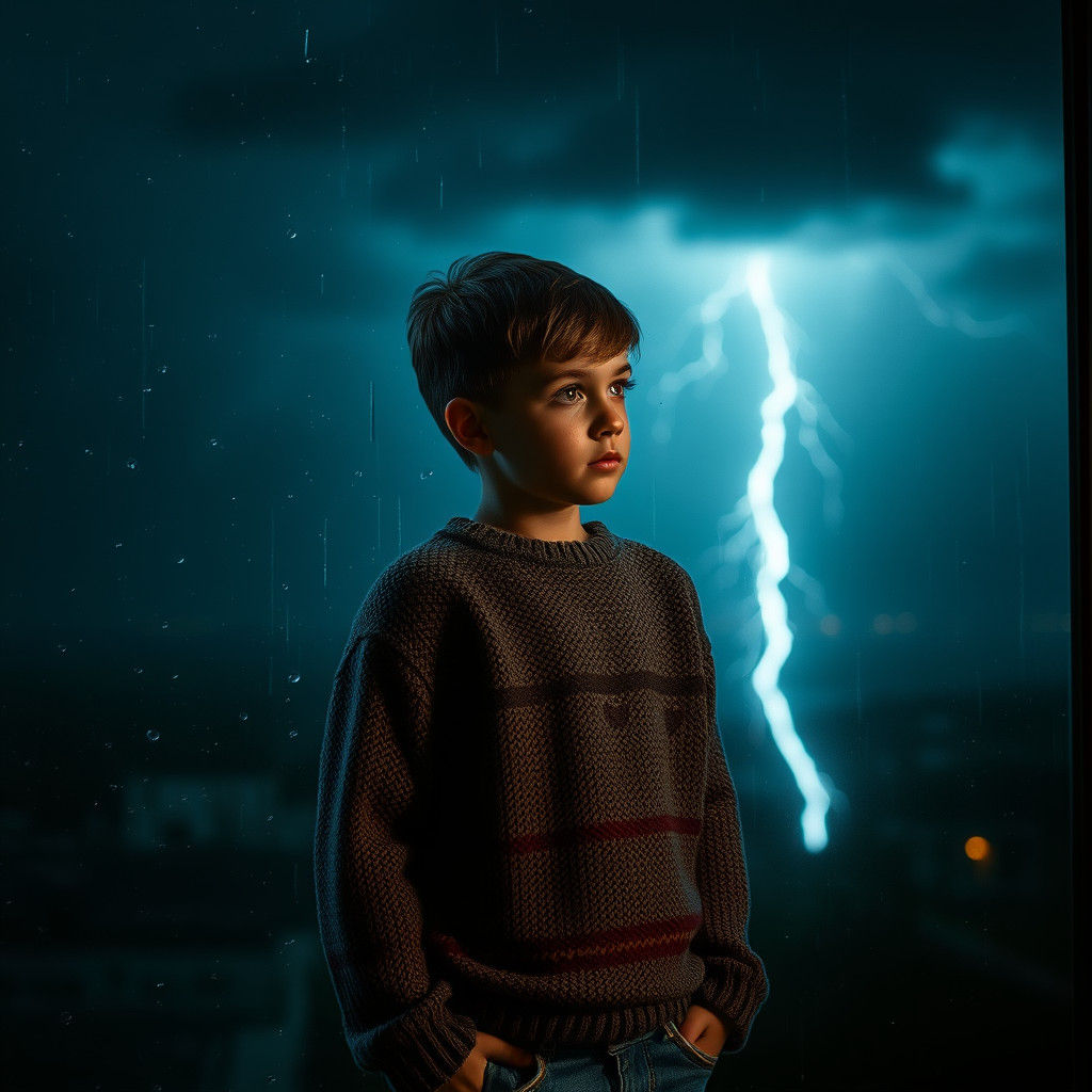 Boy at Window in Rainstorm: Cinematic Film Still