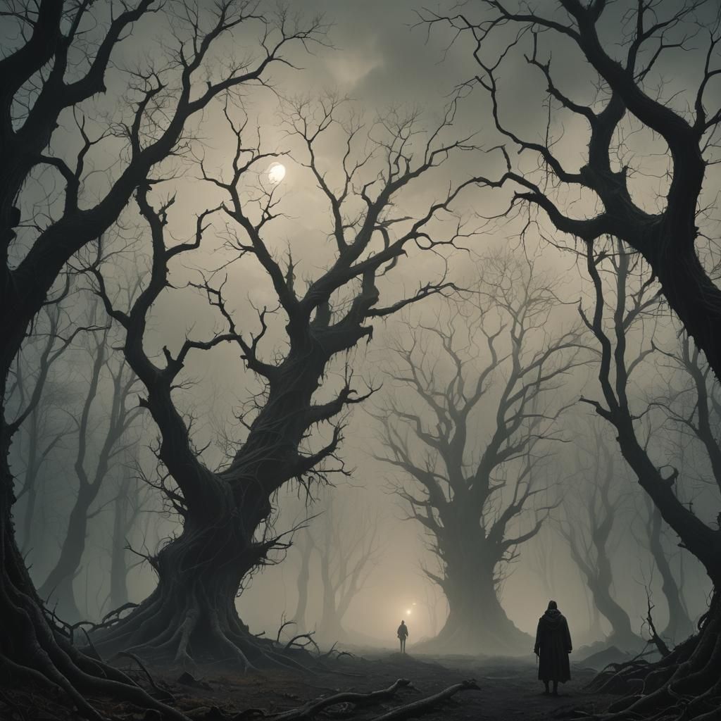 Twisted Souls Confront Eerie Forest in Dark Fantasy Scene