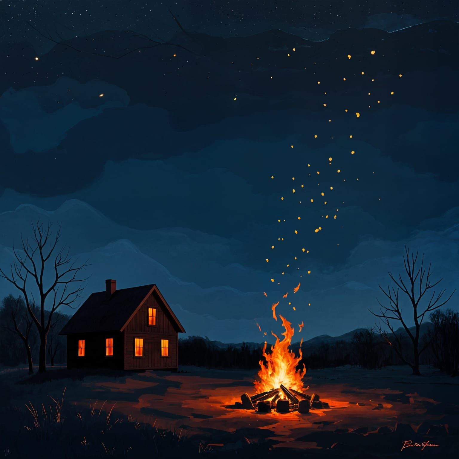 Bonfire at Night in Impasto Style
