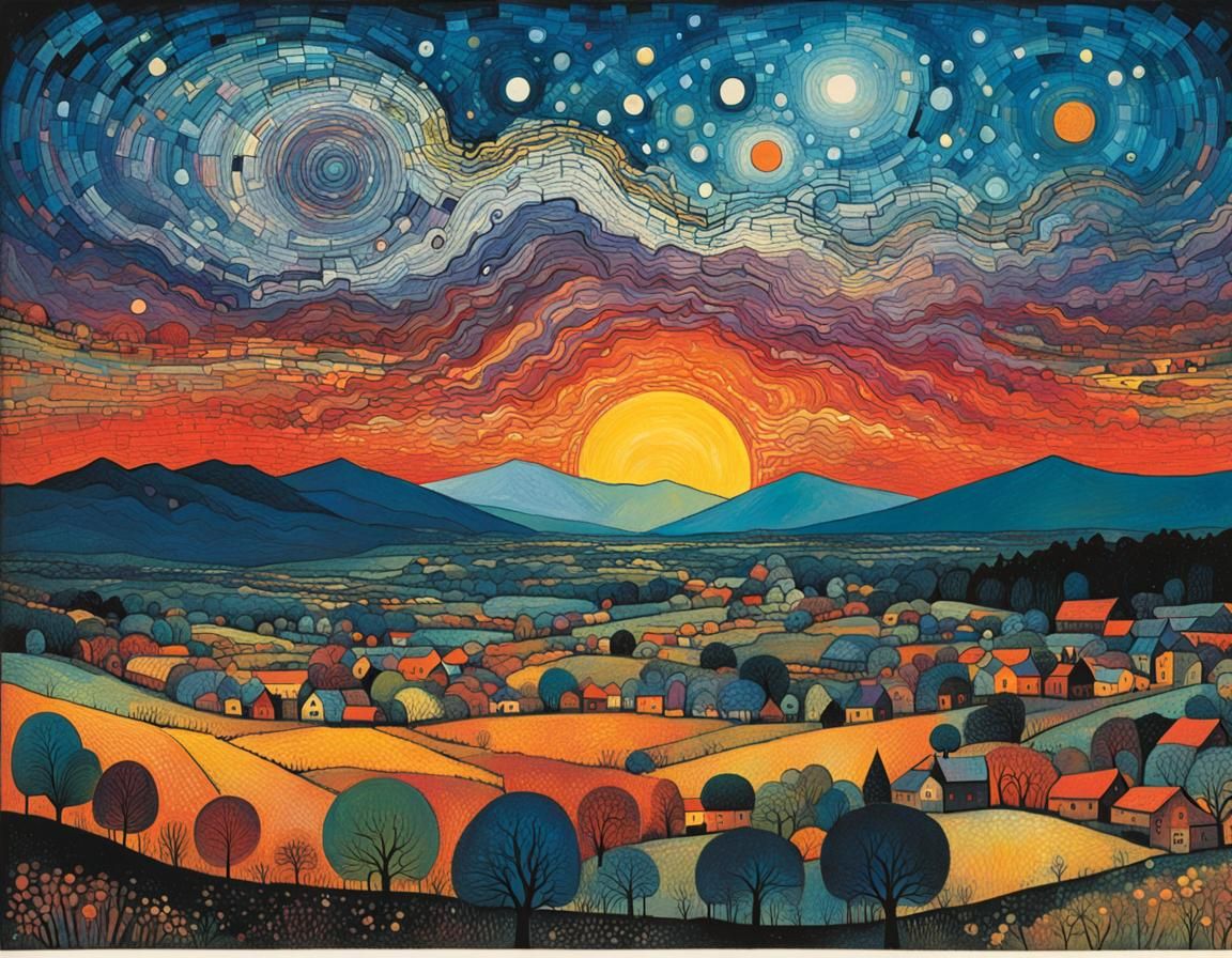 Surreal Valley of Twilight: Abstract Expressionist Landscape