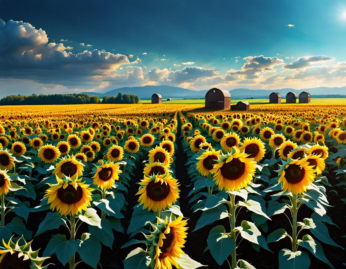 Sunflower Field Under Blue Sky in Digital Art Style