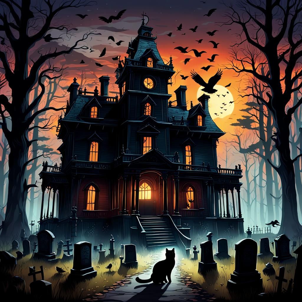 Haunted Mansion in Creepy Forest at Sunset