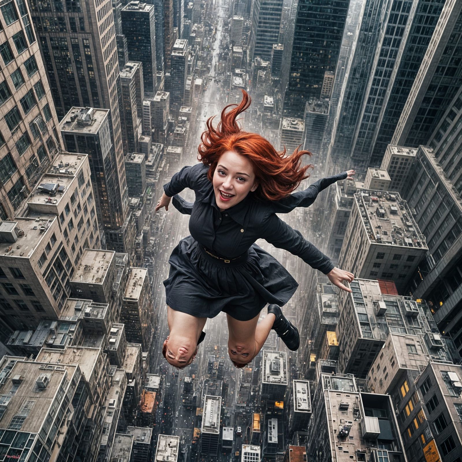 Woman Leaping from Skyscraper with Red Bob Hair