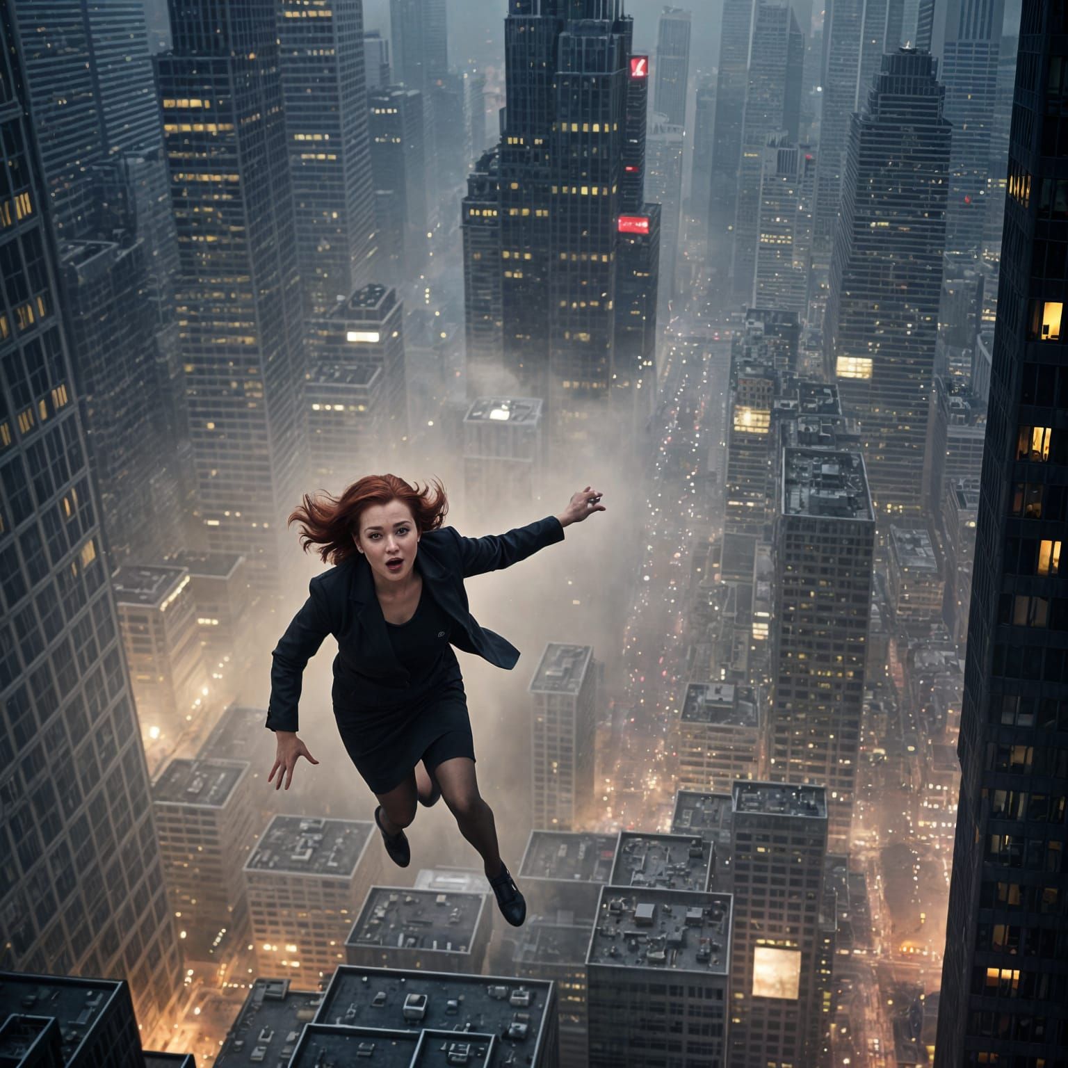 Woman Leaping From Skyscraper Towards Crowd