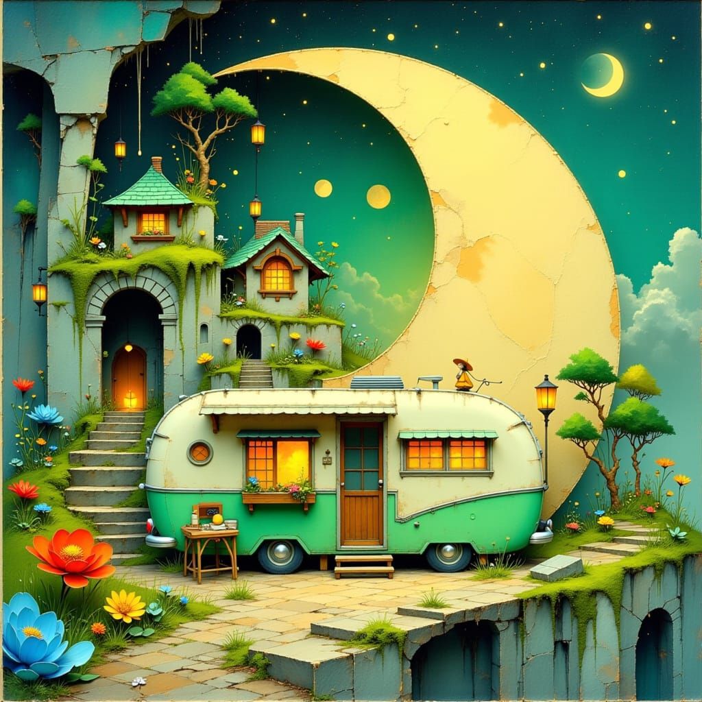 Miniature Village Inside Crescent Moon, Cartoonish Style