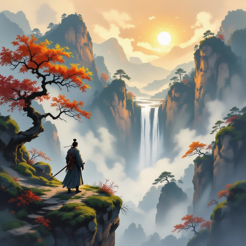 Samurai Warrior Overlooking Misty Valley in Autumn