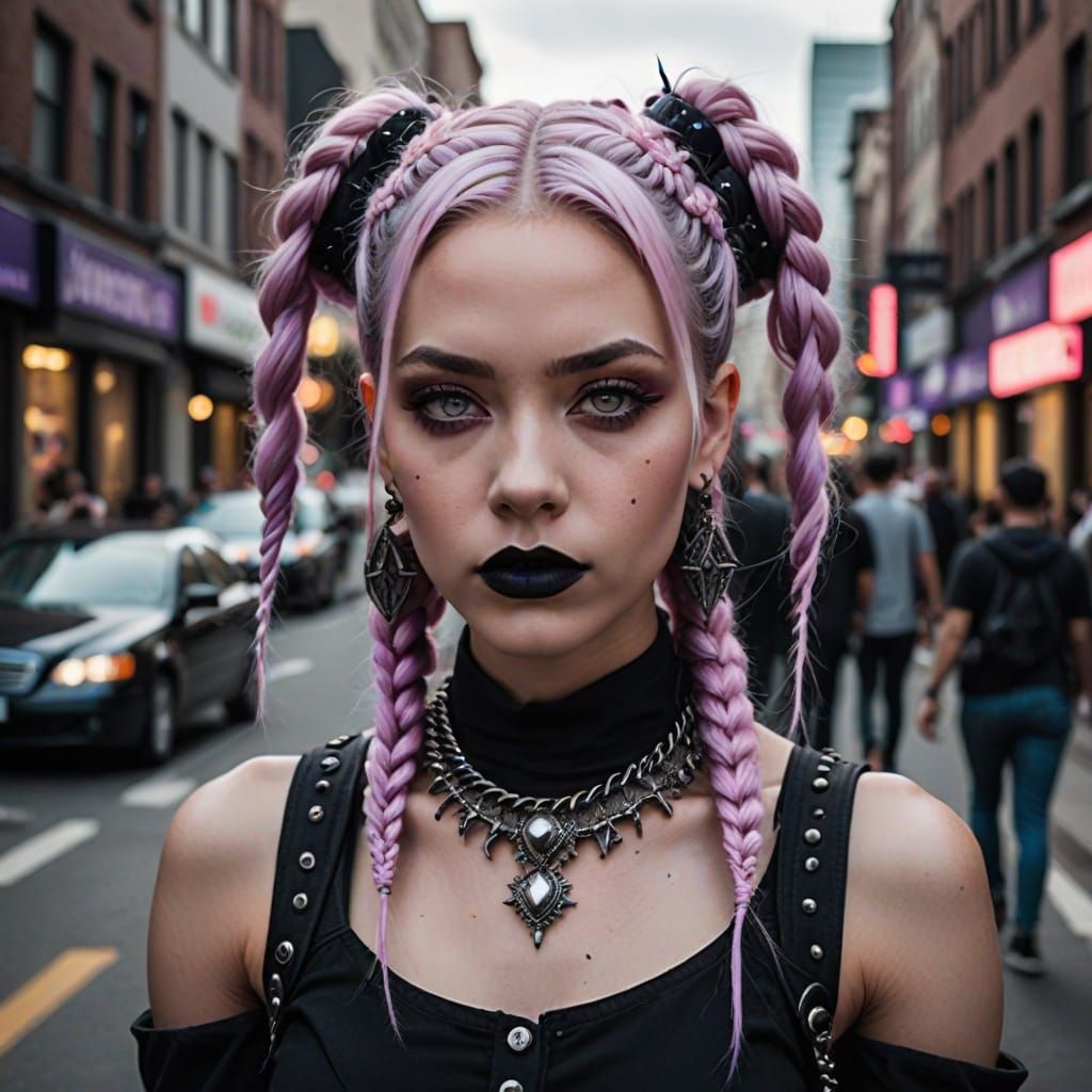 Goth Woman in Pastel Hues, Edgy City Street Portrait