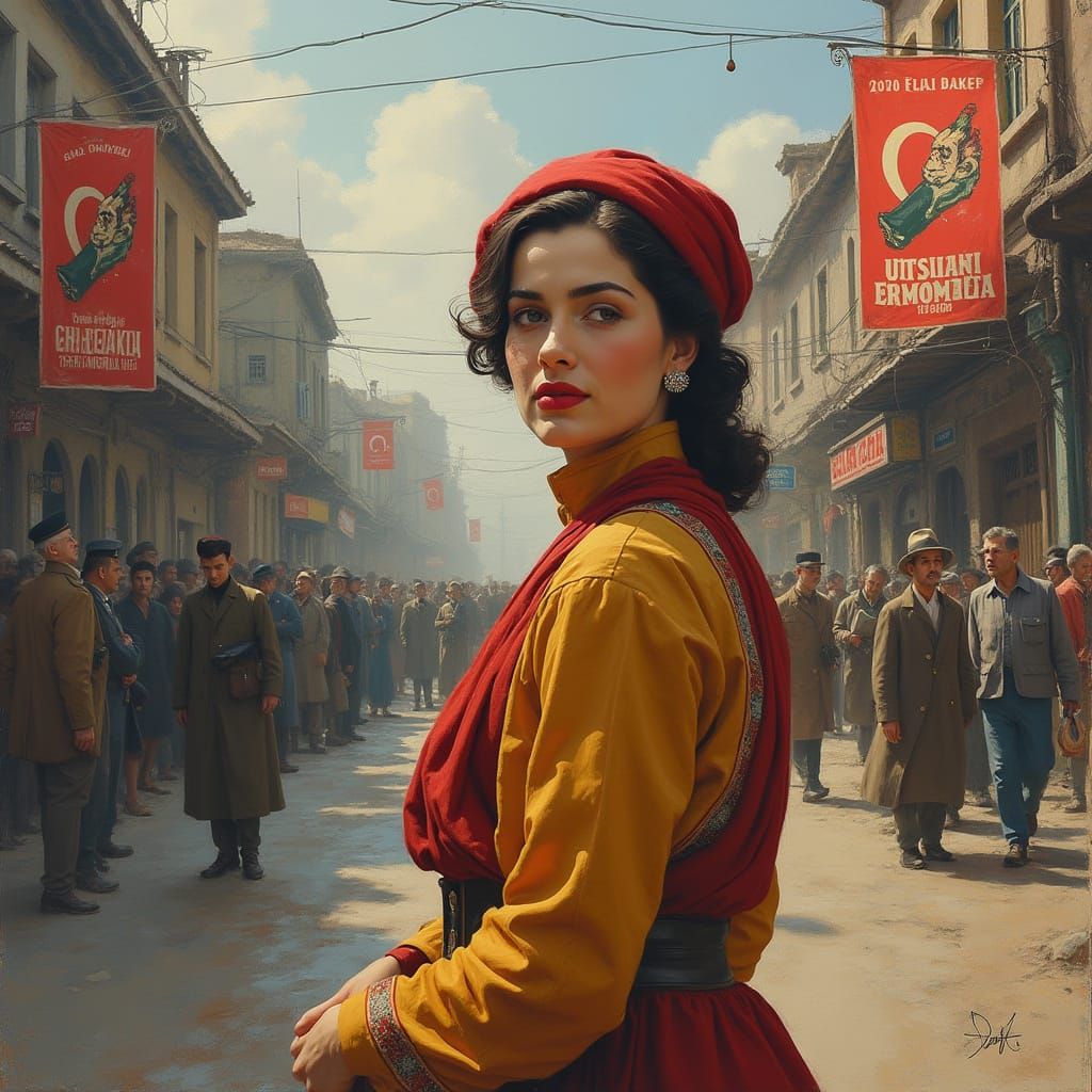 Vibrant Turkish Woman in 1940s Street Scene