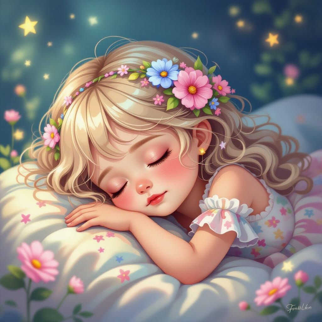 Cute Sleepy Girl in Colorful Fantasy Landscape