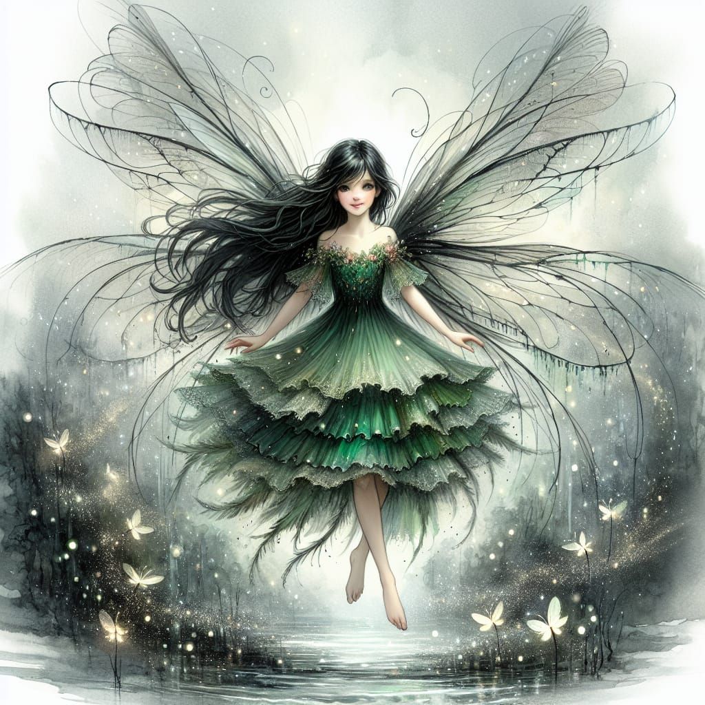 Ethereal Fairy Hovering Over Misty Pond