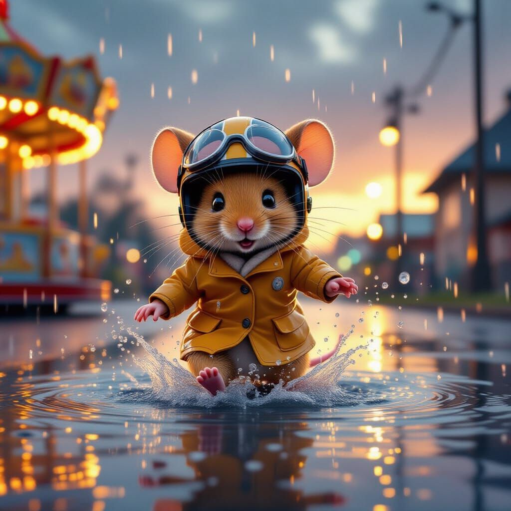 Mouse Pilot Splashing in Rainy Puddle, Dreamy Watercolor Sty...