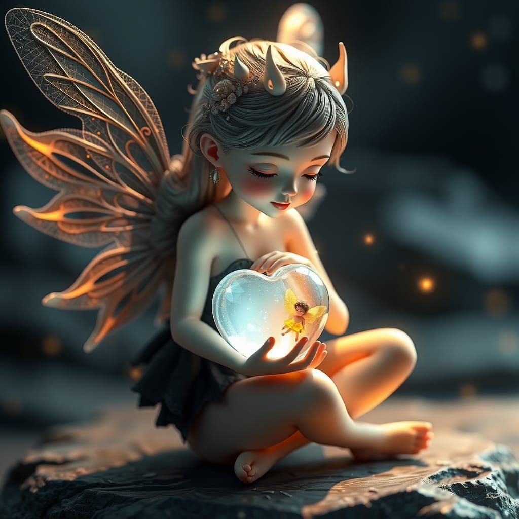 Dichotomous Fairy with Crystal Heart: 3D Rendered Art