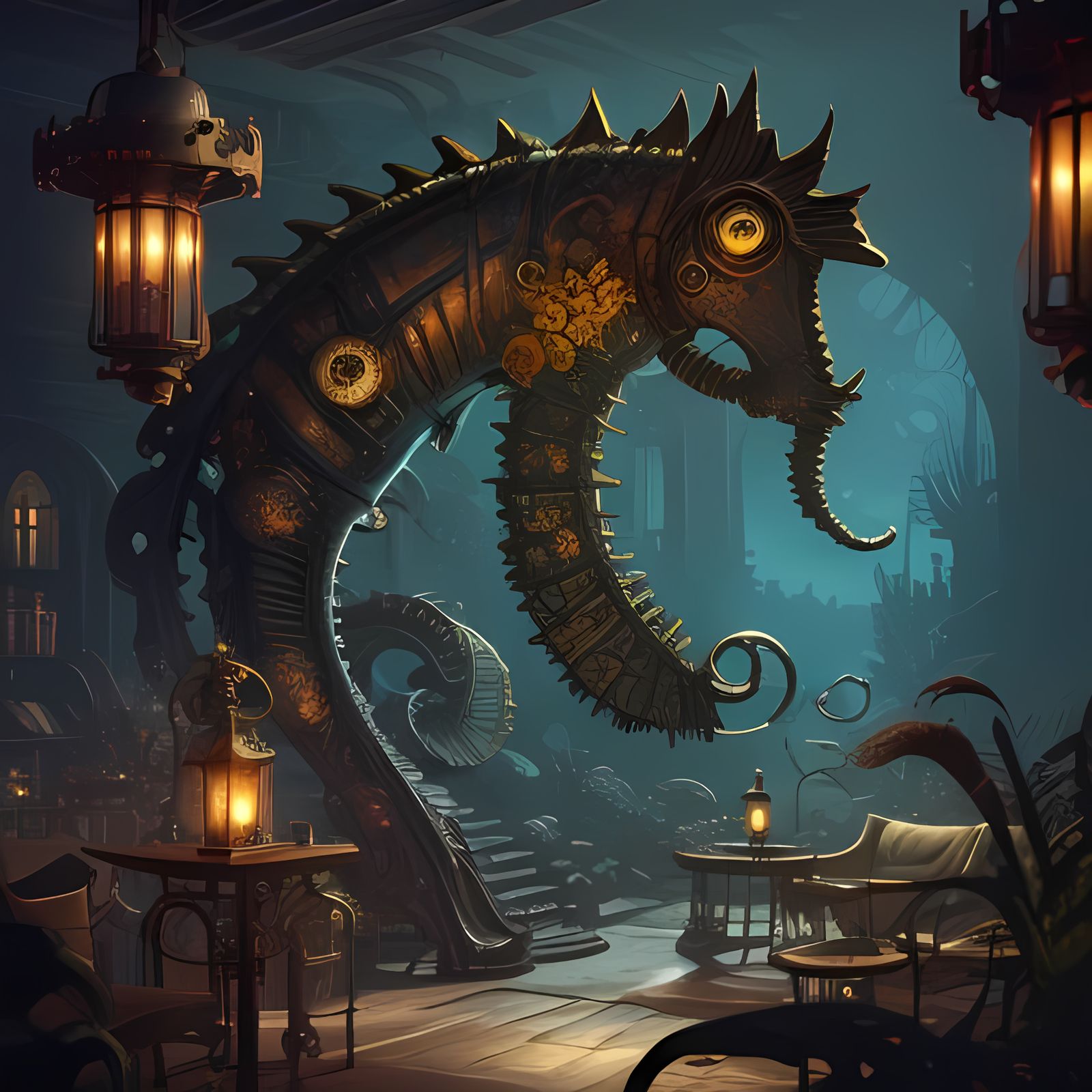 Steampunk Seahorse Aquarium with Alien Fauna