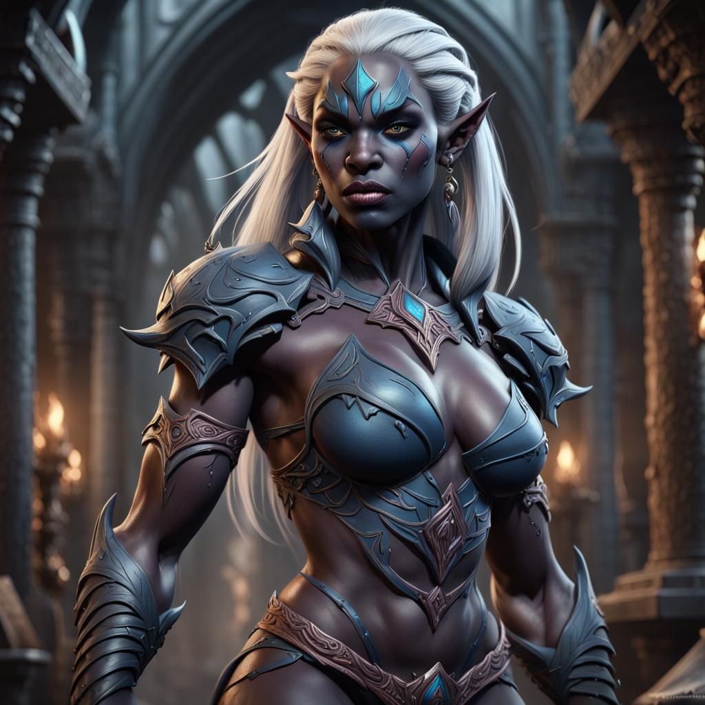 Muscle-Bound Drow Female in Detailed Matte Painting