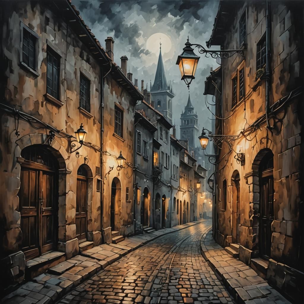 The painted image depicts a picturesque scene of an old town...