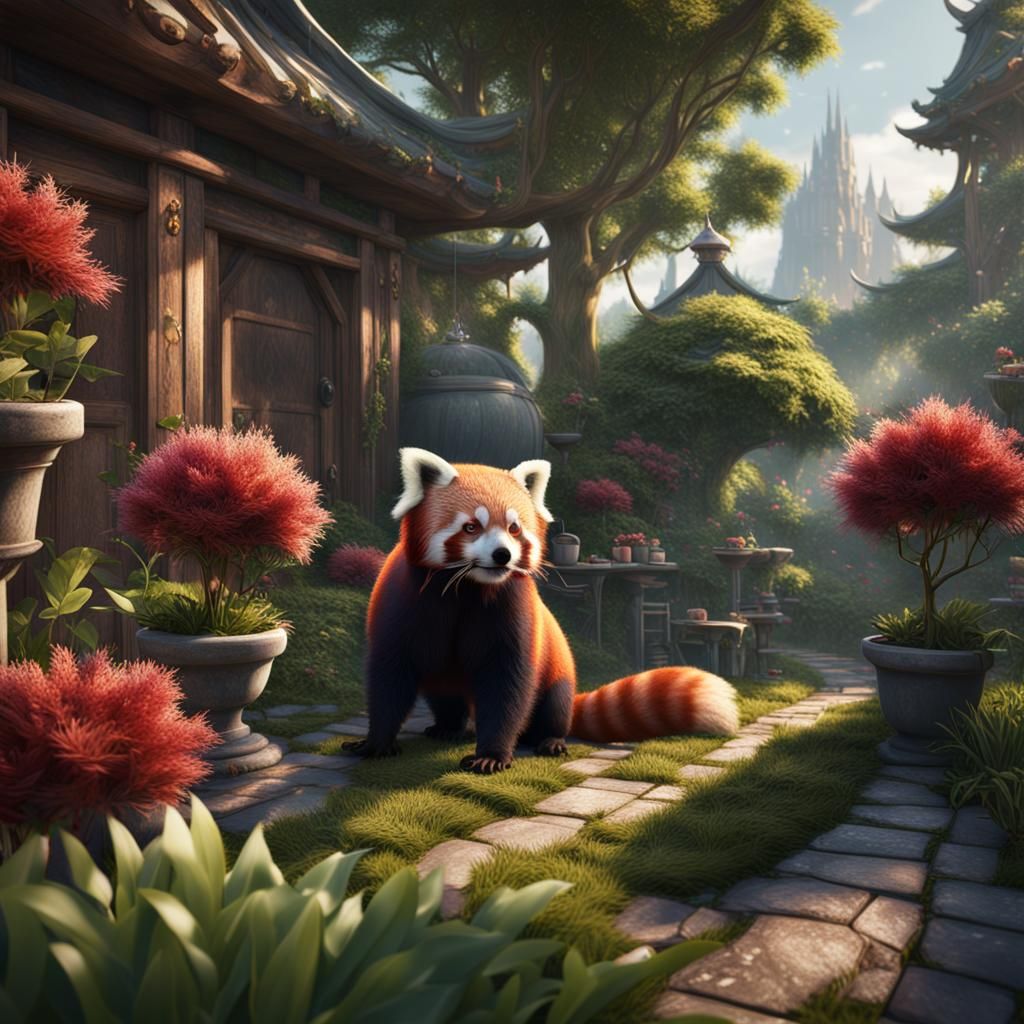 Red Panda Gardening: Detailed Matte Painting