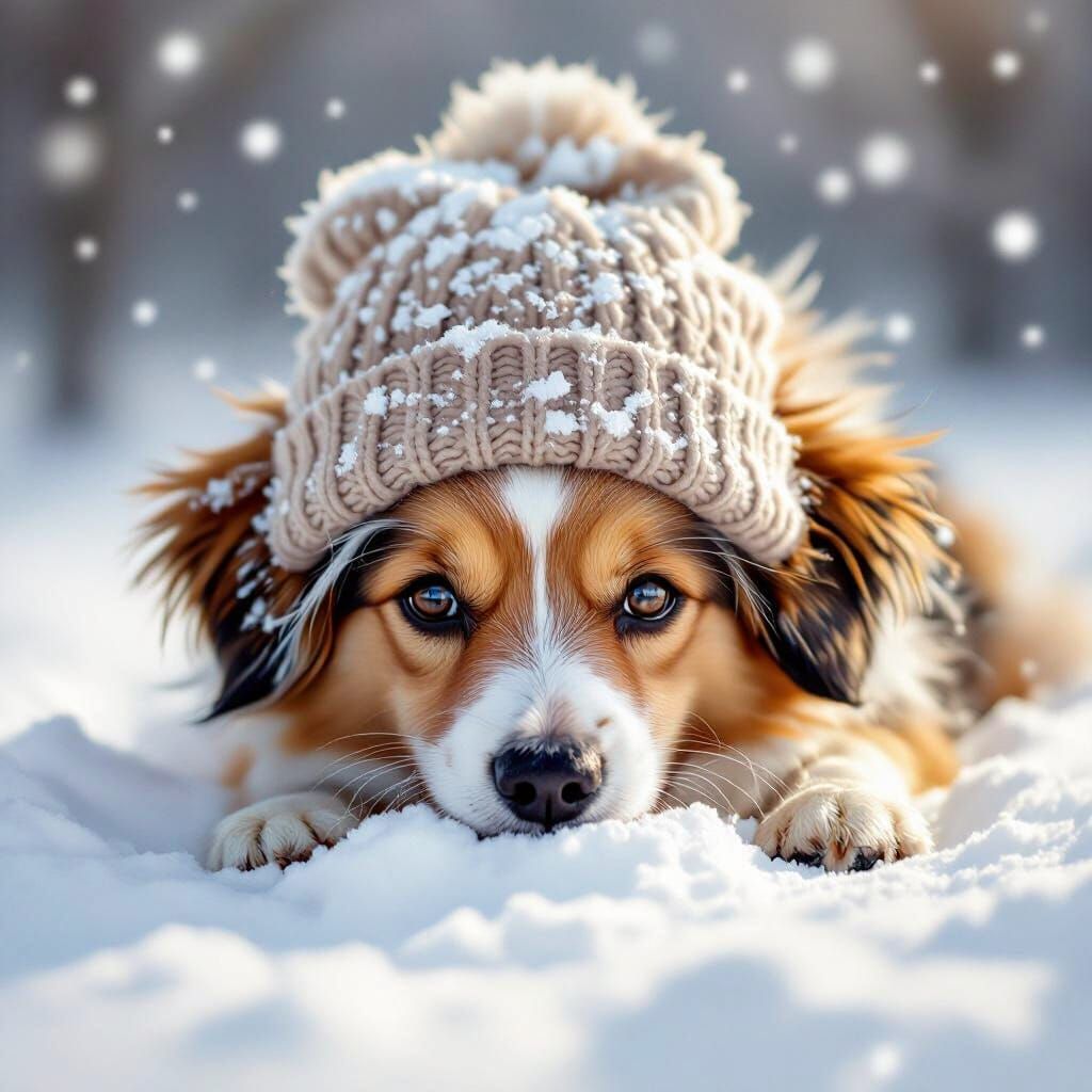 Cute Dog Buried in Snow, Realistic Winter Scene