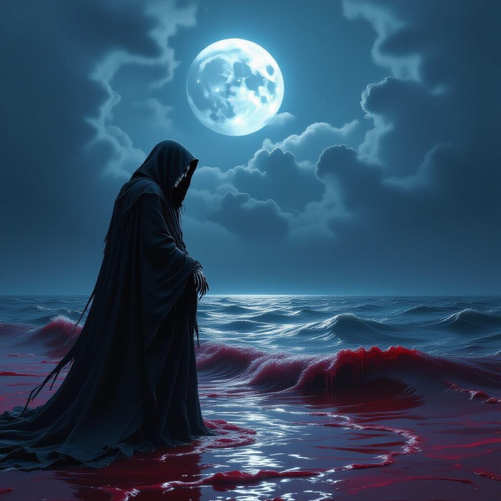 Grim Reaper by Crimson Sea Under Stormy Sky