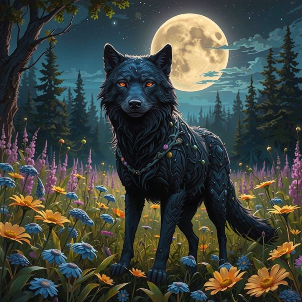 Fantastical Wolf Spider Hybrid Amidst Vibrant Moonlit Blooms