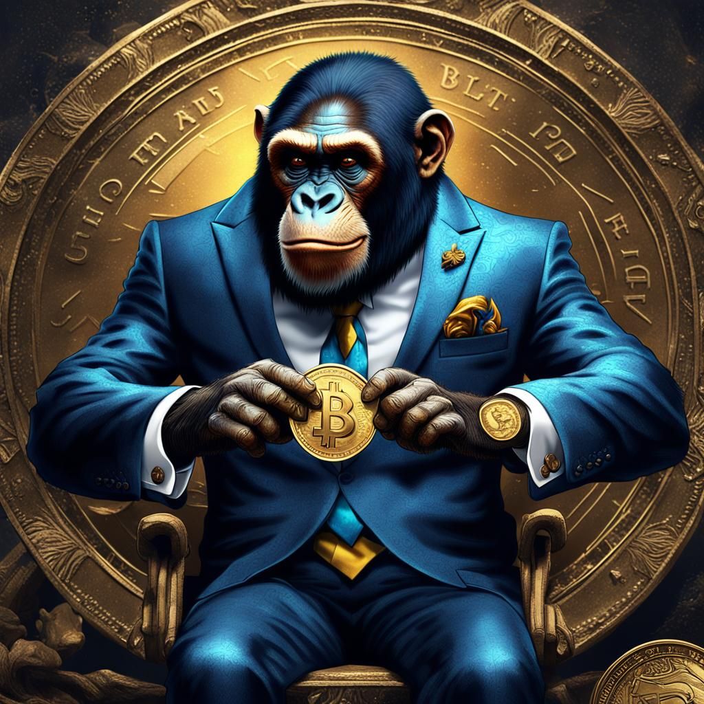 Ape in Suit Holding Coin: Detailed Matte Painting