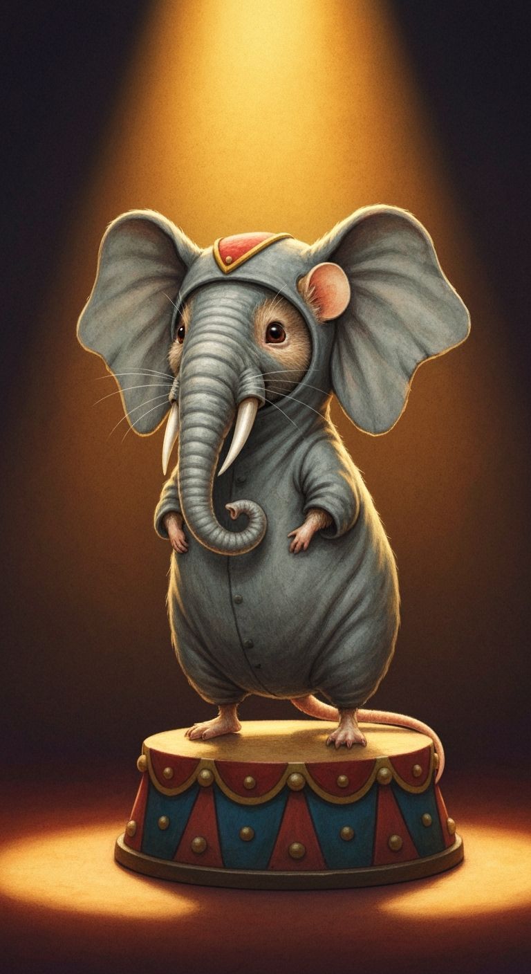 Tiny Mouse Dressed as Majestic Elephant on Circus Pedestal