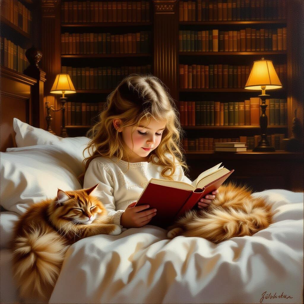 Girl Reading with Cat in Cozy Library, Classical Oil Paintin...