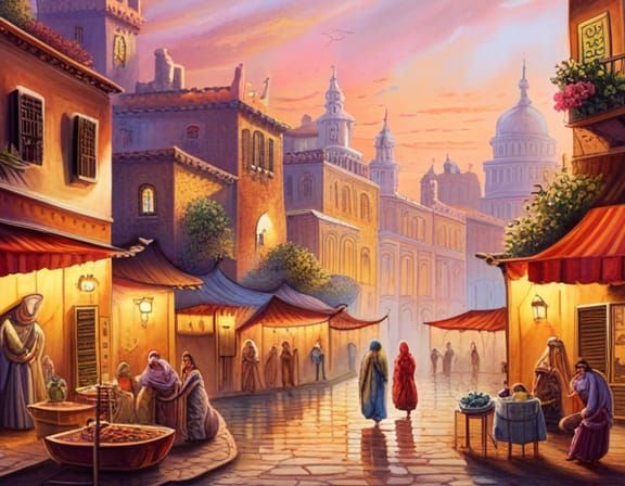 Vibrant Arab Palace Marketplace in Watercolor Style