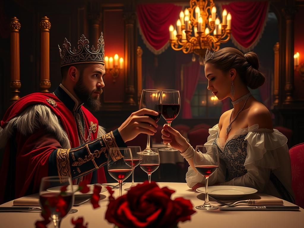 Royal Pair Clinking Wine Glasses in Ornate Restaurant
