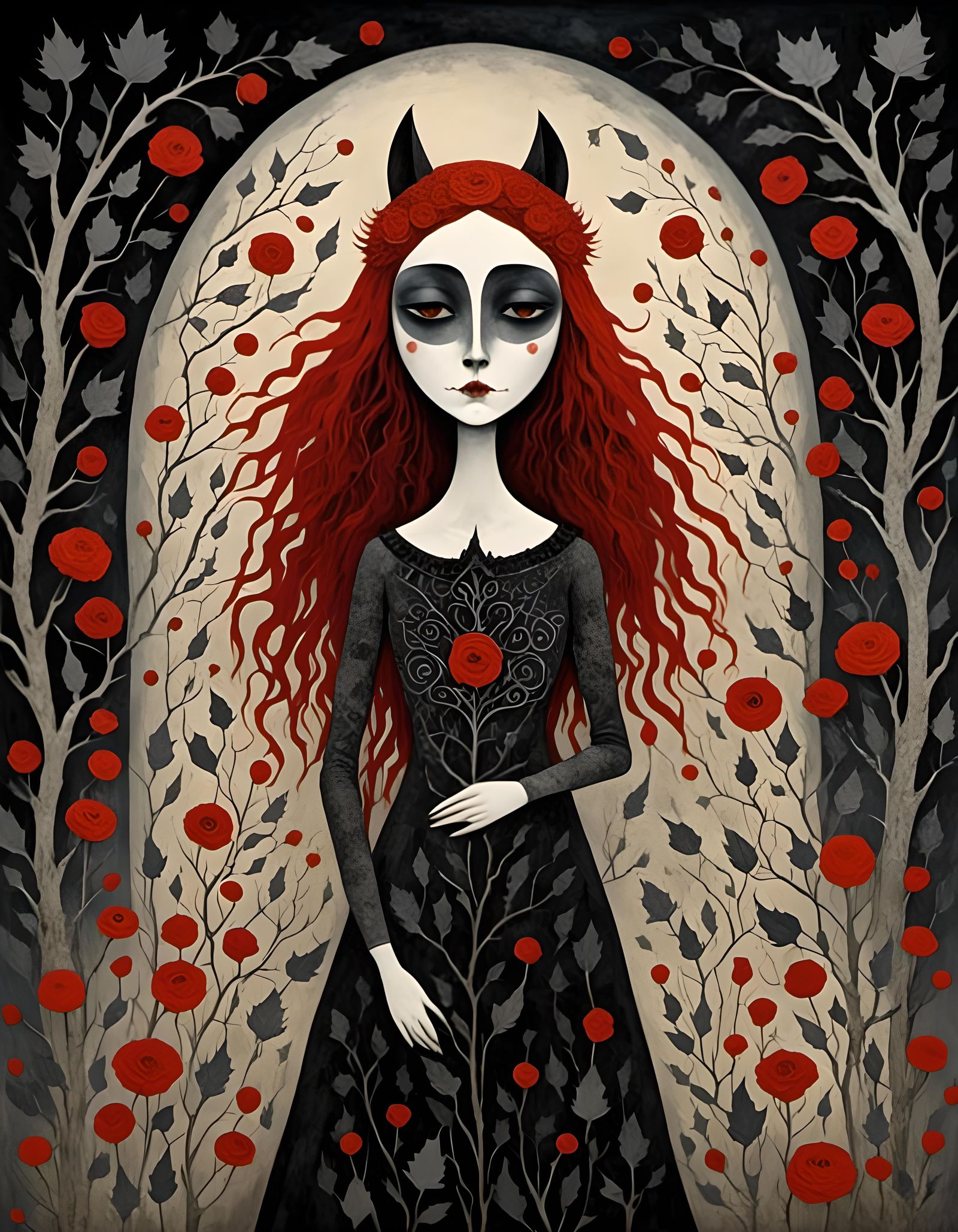 Gothic Pagan Wolf Woman in Dark Whimsical Style