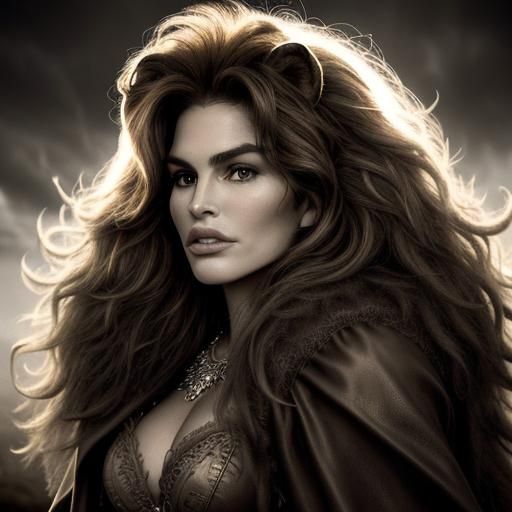 Hyperrealistic Cindy Crawford as Cowardly Lion
