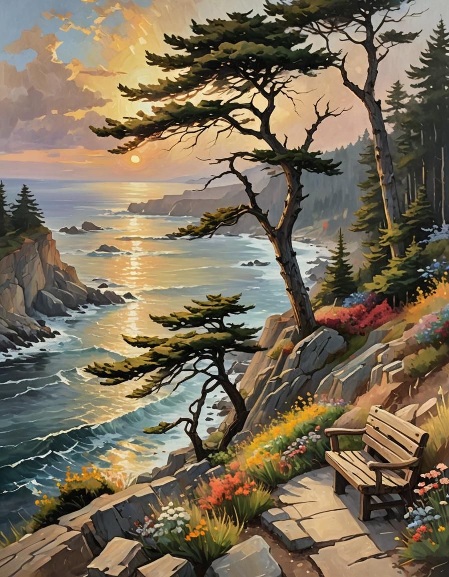 Ocean Cliffside Path in Impressionist Style