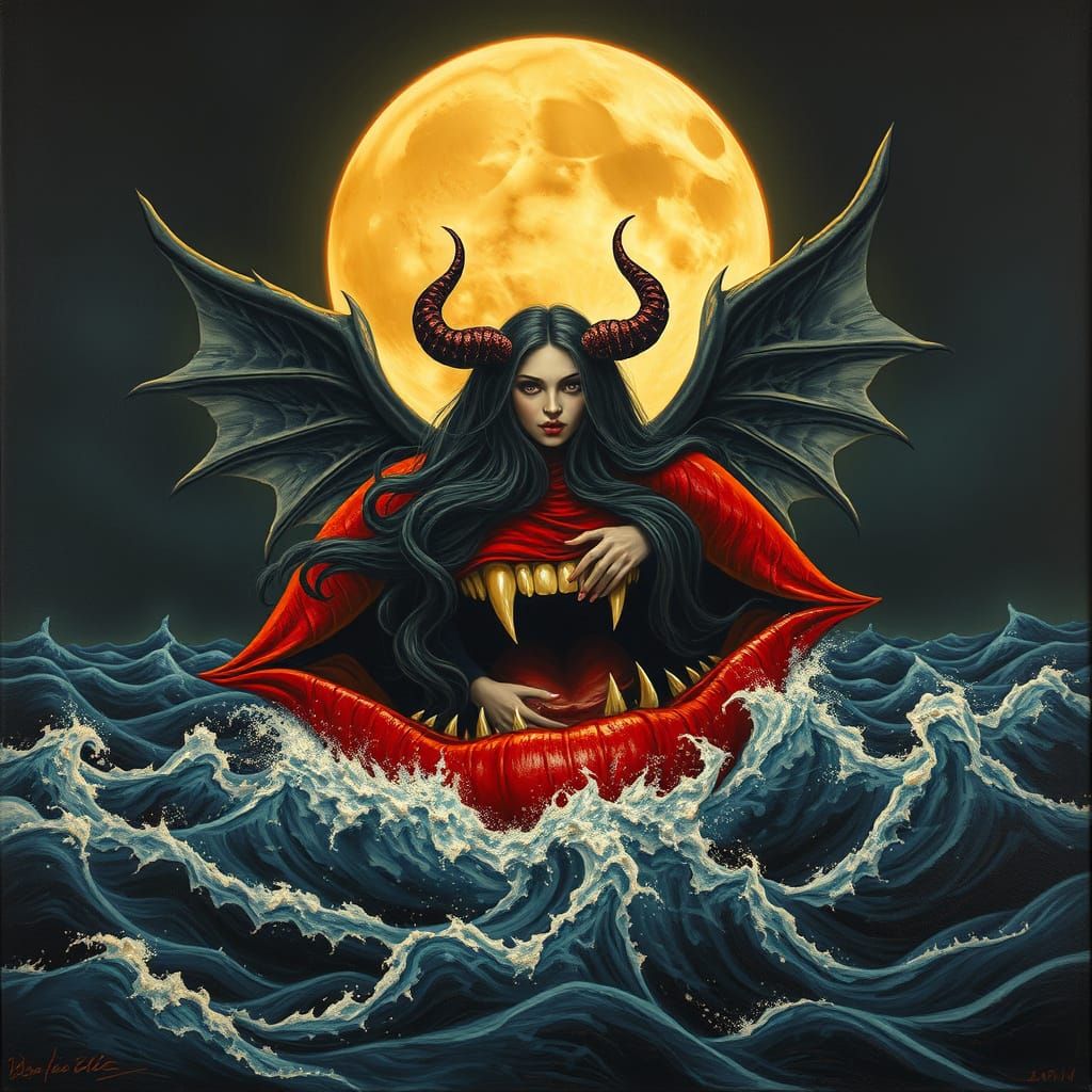 Gothic Goddess in Vampire Lips Amidst Tempestuous Ocean
