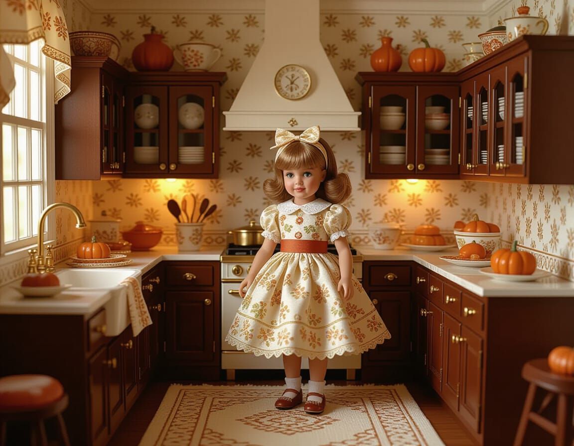 Thanksgiving Dollhouse Kitchen with Girl, Pin-Up Style