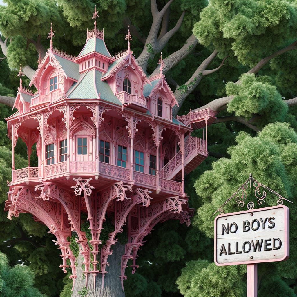 Pink Victorian Treehouse with No Boys Allowed Sign