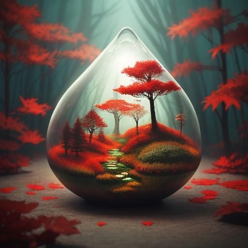 Miniature Red Forest in Teardrop, Miyazaki-Inspired Digital ...