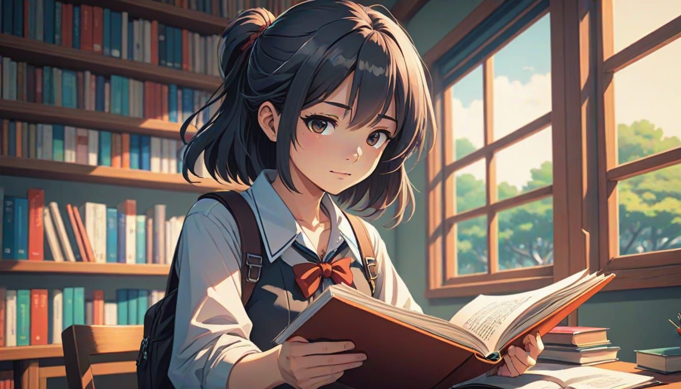 Manga-Style Illustration of Reading Book with Cel-Shading