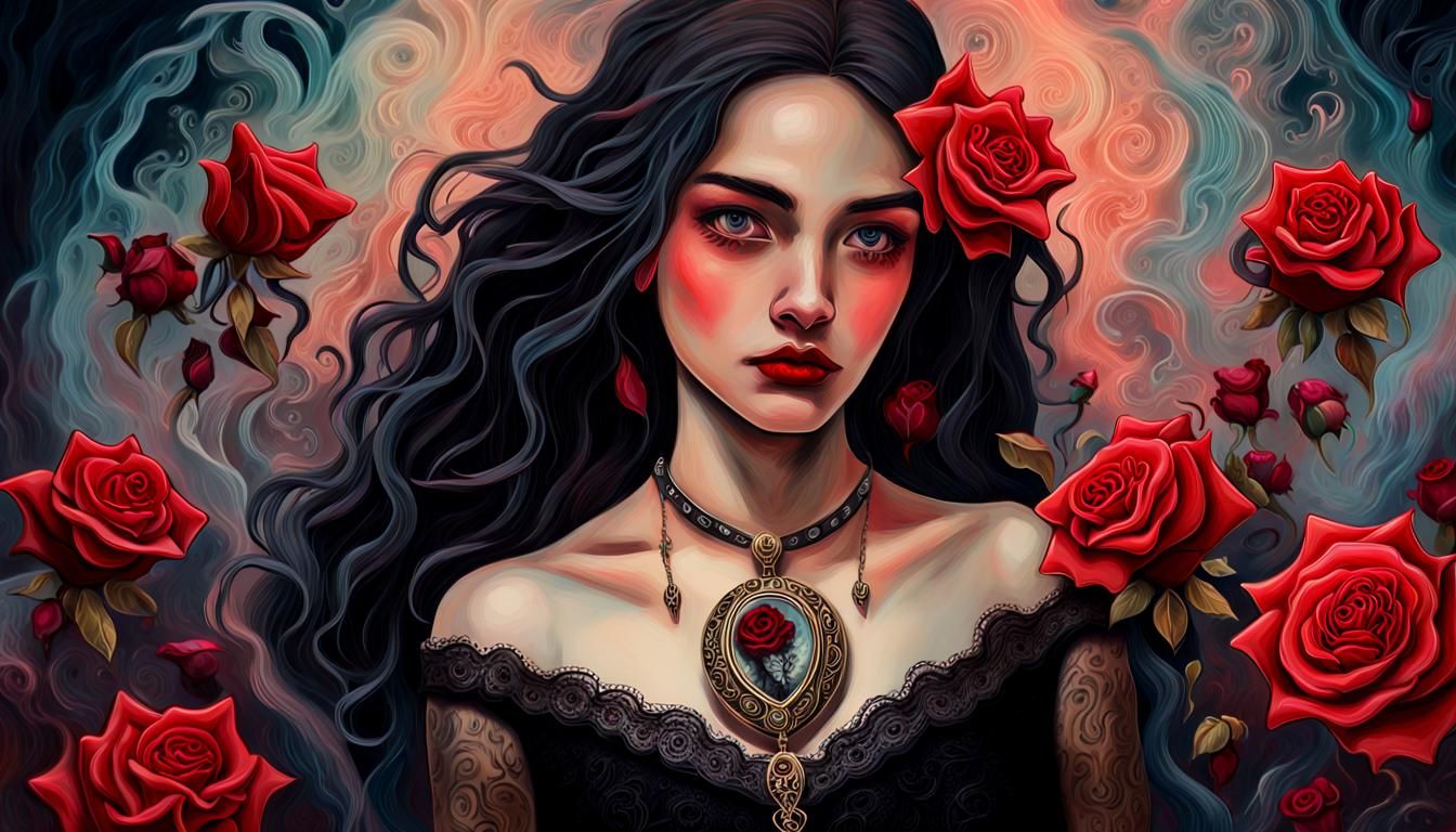 Surreal Woman with Locket in Maximalist Painting