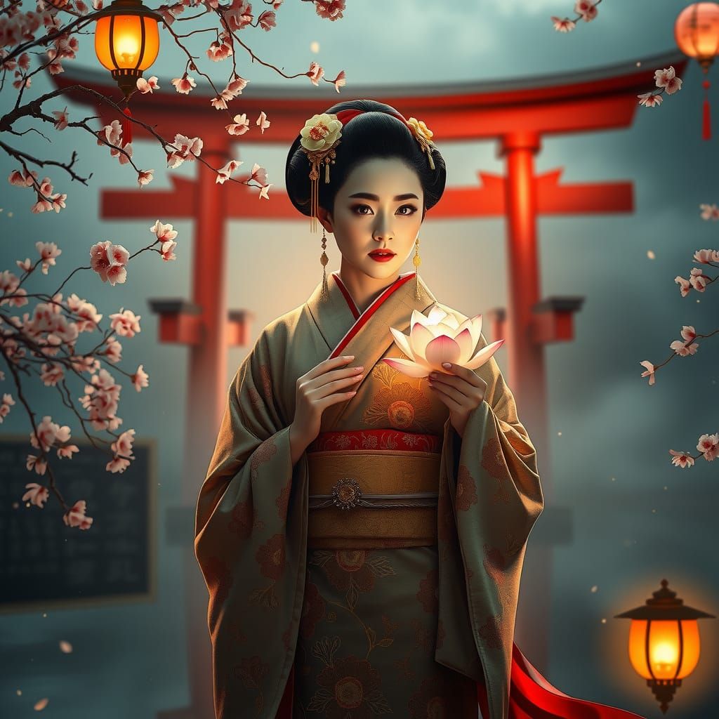 Geisha in Misty Japanese Garden at Twilight