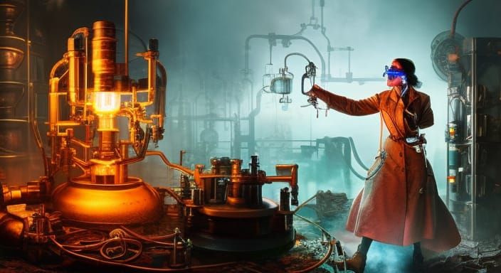 Steampunk Alchemist in Mad Science Lab