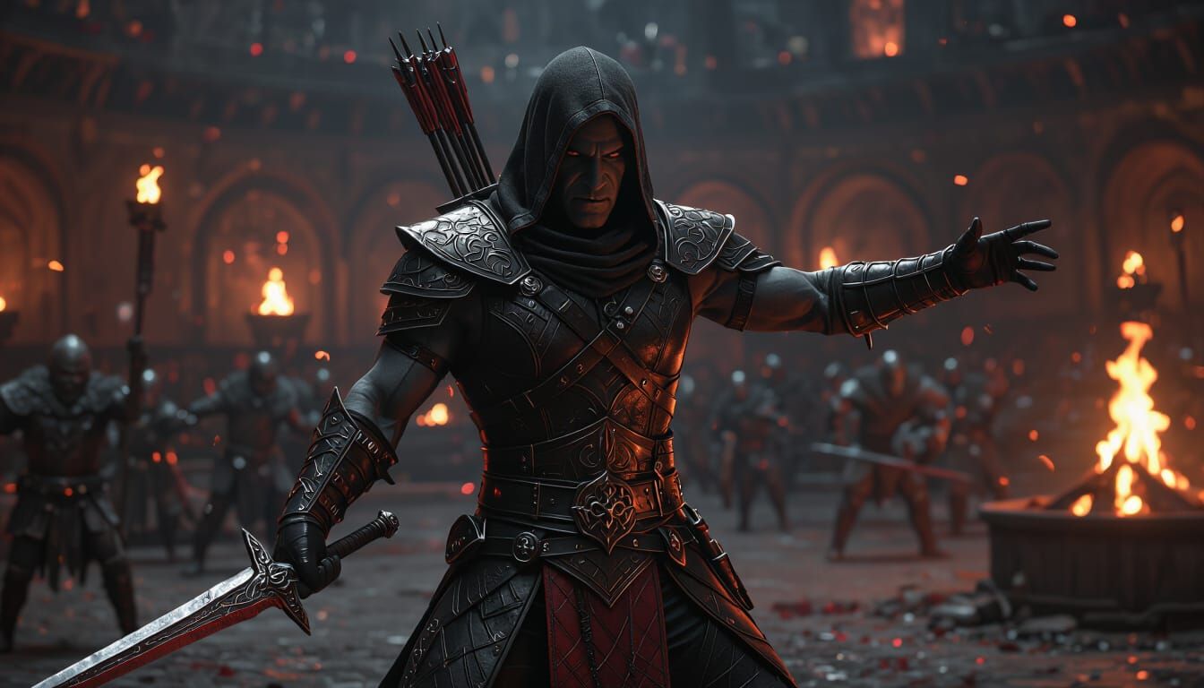 Vampire Drow Gladiator Fights Orcs in Moody Arena