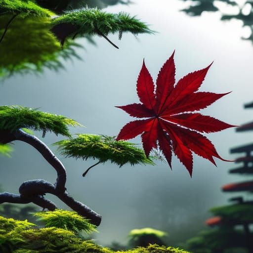 Highly detailed japanese maple trees on mount fiji, cherrie blossem botanic, epic and brilliant lighting highlydetailed ...