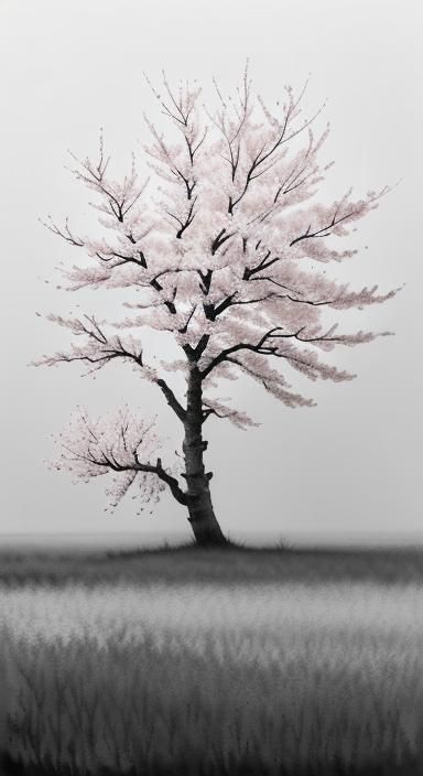 Monochrome Cherry Tree Watercolor Painting with Pink Blossom...