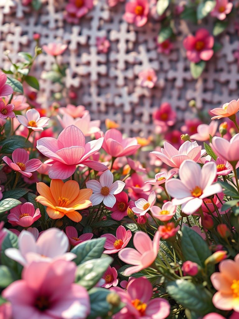 Surreal 3D Garden of Interlocking Flowers and Puzzle Pieces