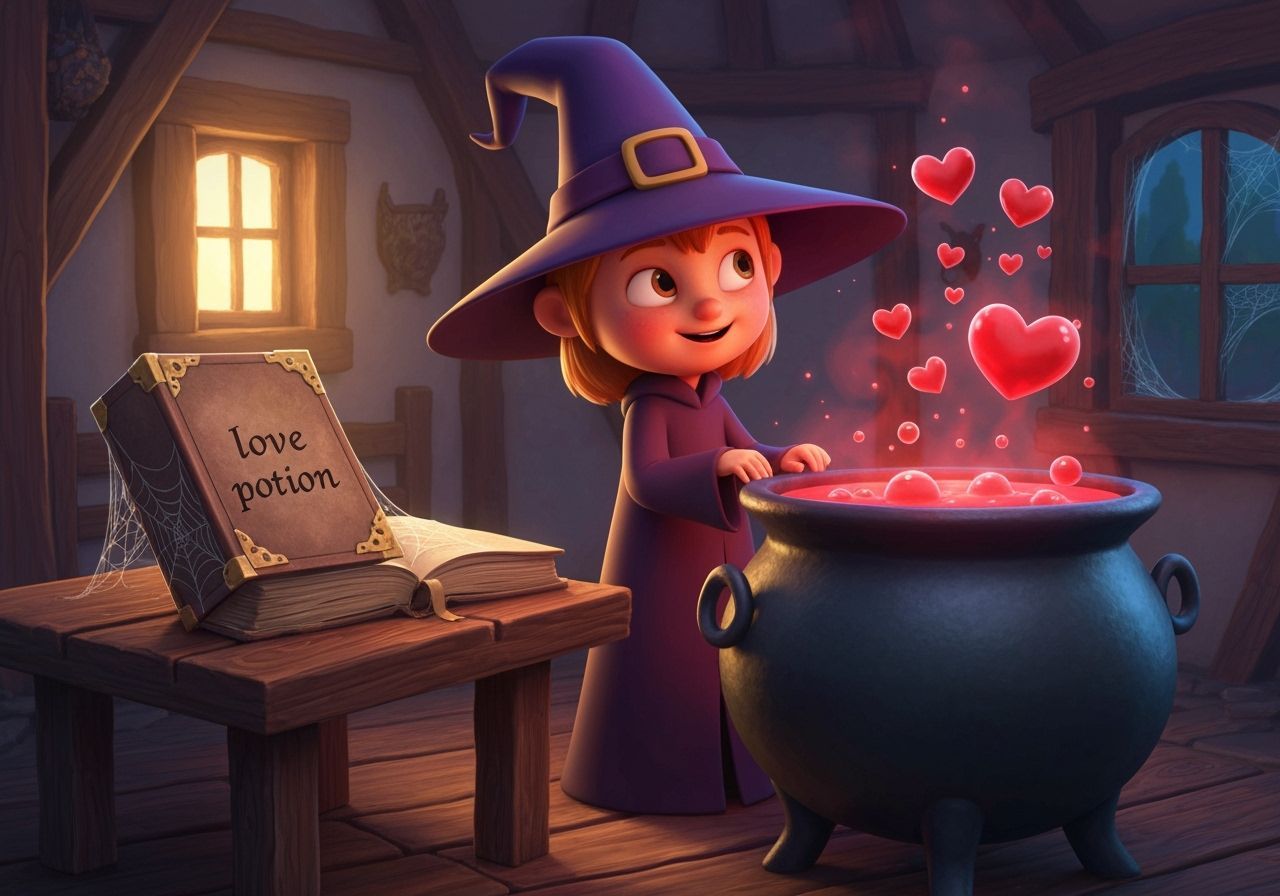 CGI Witch Brews Love Potion in Whimsical Cottage