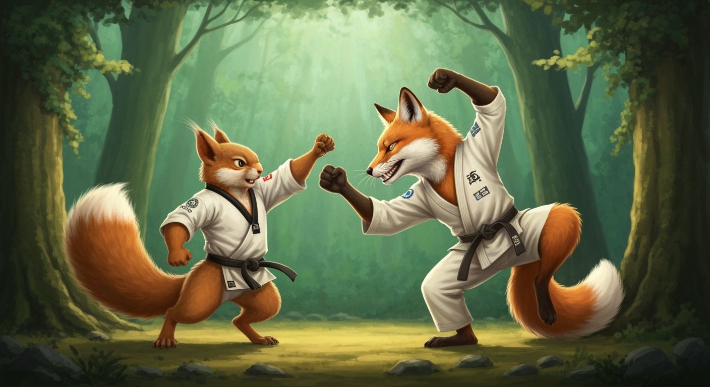 Taekwondo Squirrel vs. BJJ Fox in Forest Fight