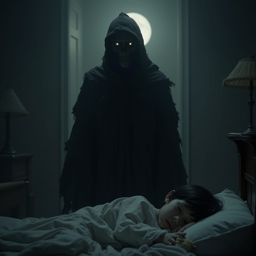 Midnight Shadow Figure in Dark Bedroom Scene